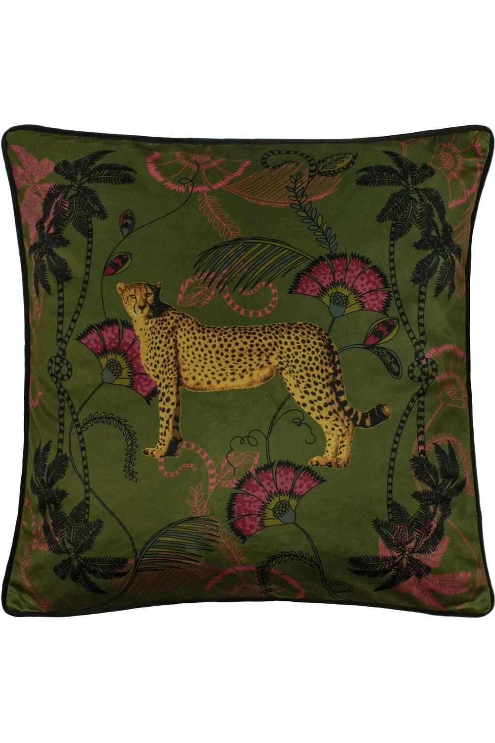 Paoletti Tropical Cheetah Printed Piped Cushion in Khaki 1