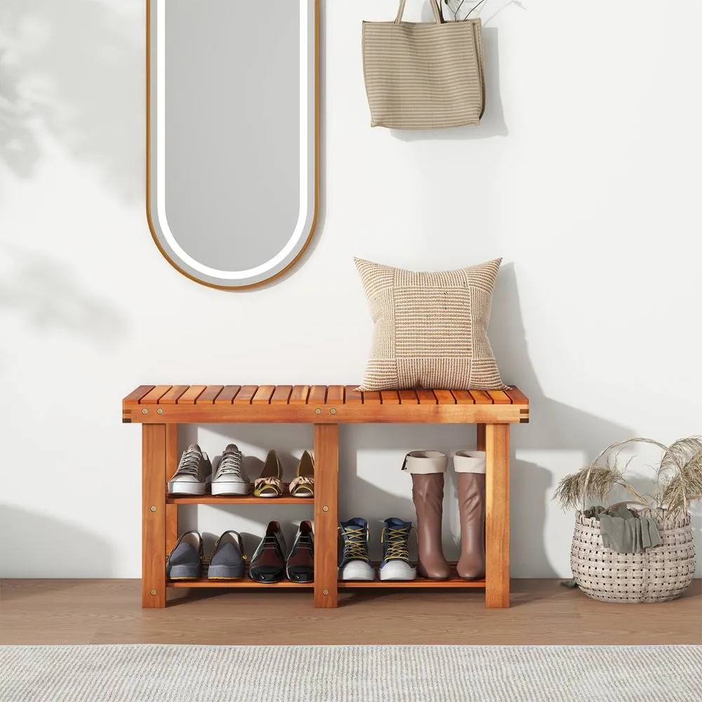Costway Acacia Wood Shoe Rack Bench 3-Tier Shoe Organizer 87x28x45cm in Brown
