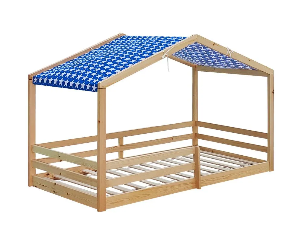 Comfy Living Ltd 3ft Wooden House Bed With Blue Tent in Natural 2