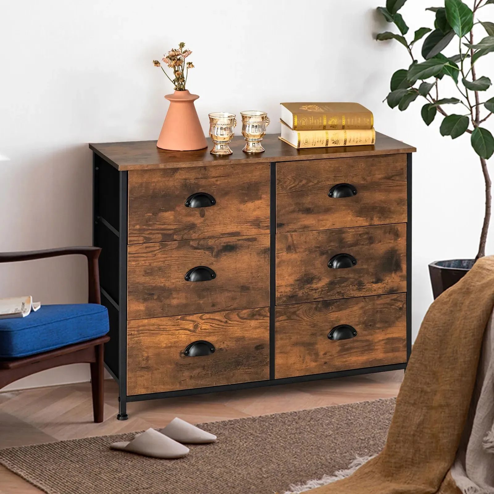 Costway 6 Drawers Dresser Organizer 2-Tier Fabric Storage Organizer Chest of Drawers in Brown 3