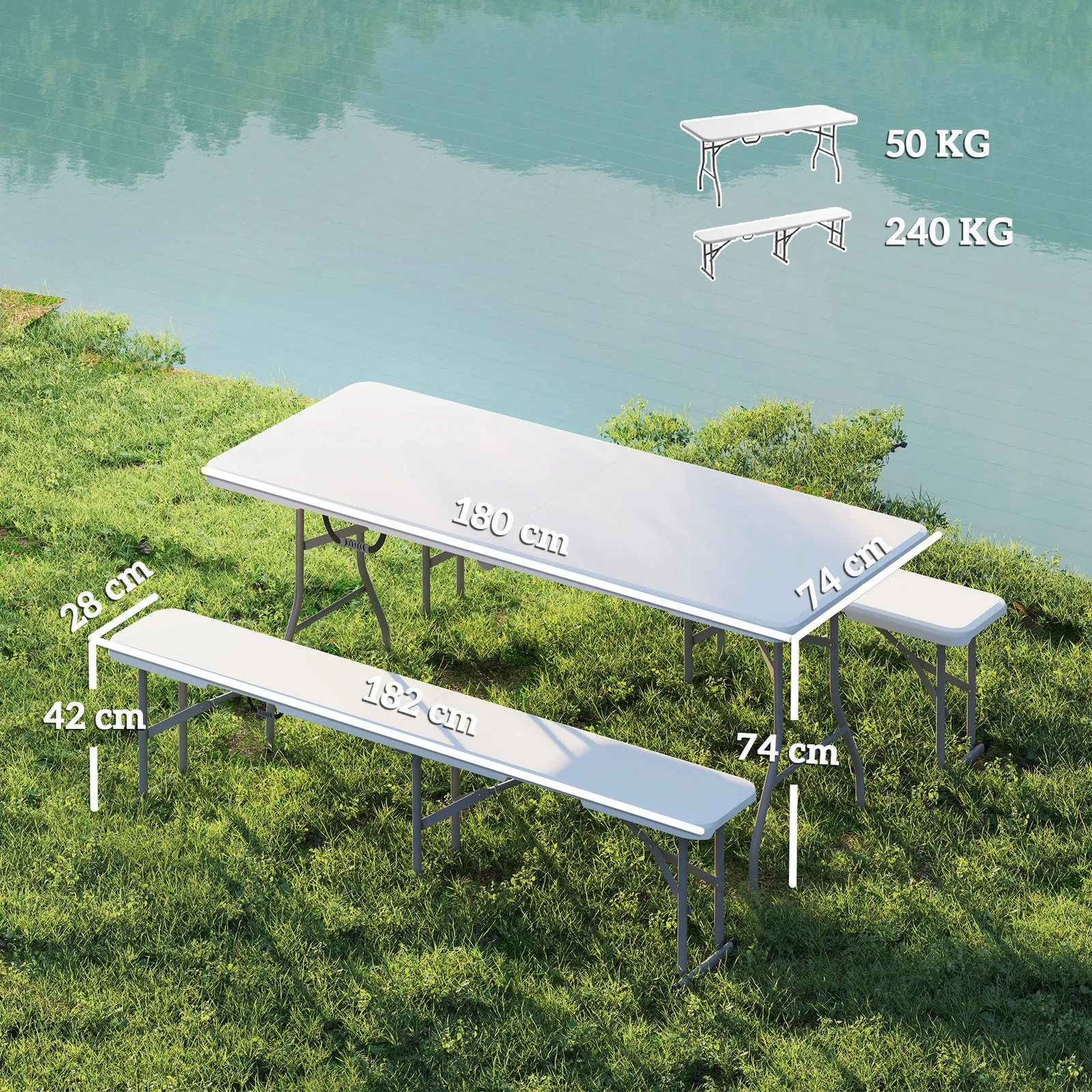 OUTSUNNY 3 Piece Folding Picnic Table & Bench Set with Handles, White 3