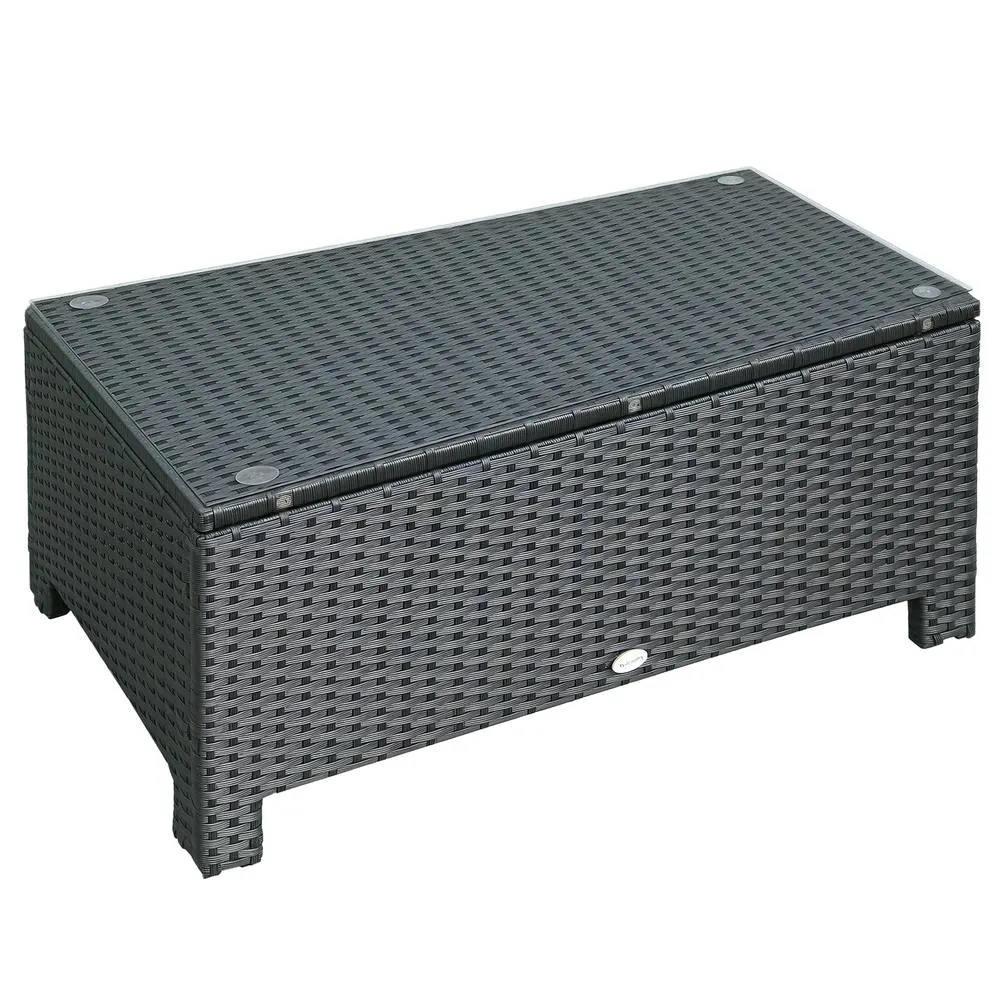 OUTSUNNY Garden Rattan Side Table, Wicker Coffee Desk, Glass Top in Black 2