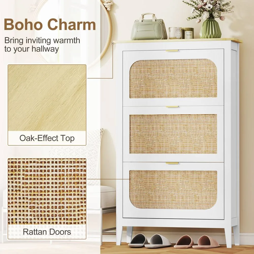 HOMCOM Boho Slim Shoe Cabinet with Rattan Doors, Holds 21 Pairs, White 4