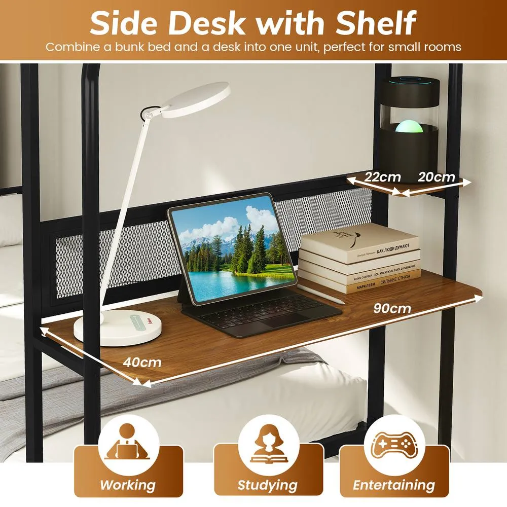 Costway Bunk Bed Single over Single Loft Bed with Wooden Tabletop & Shelf in Black 3