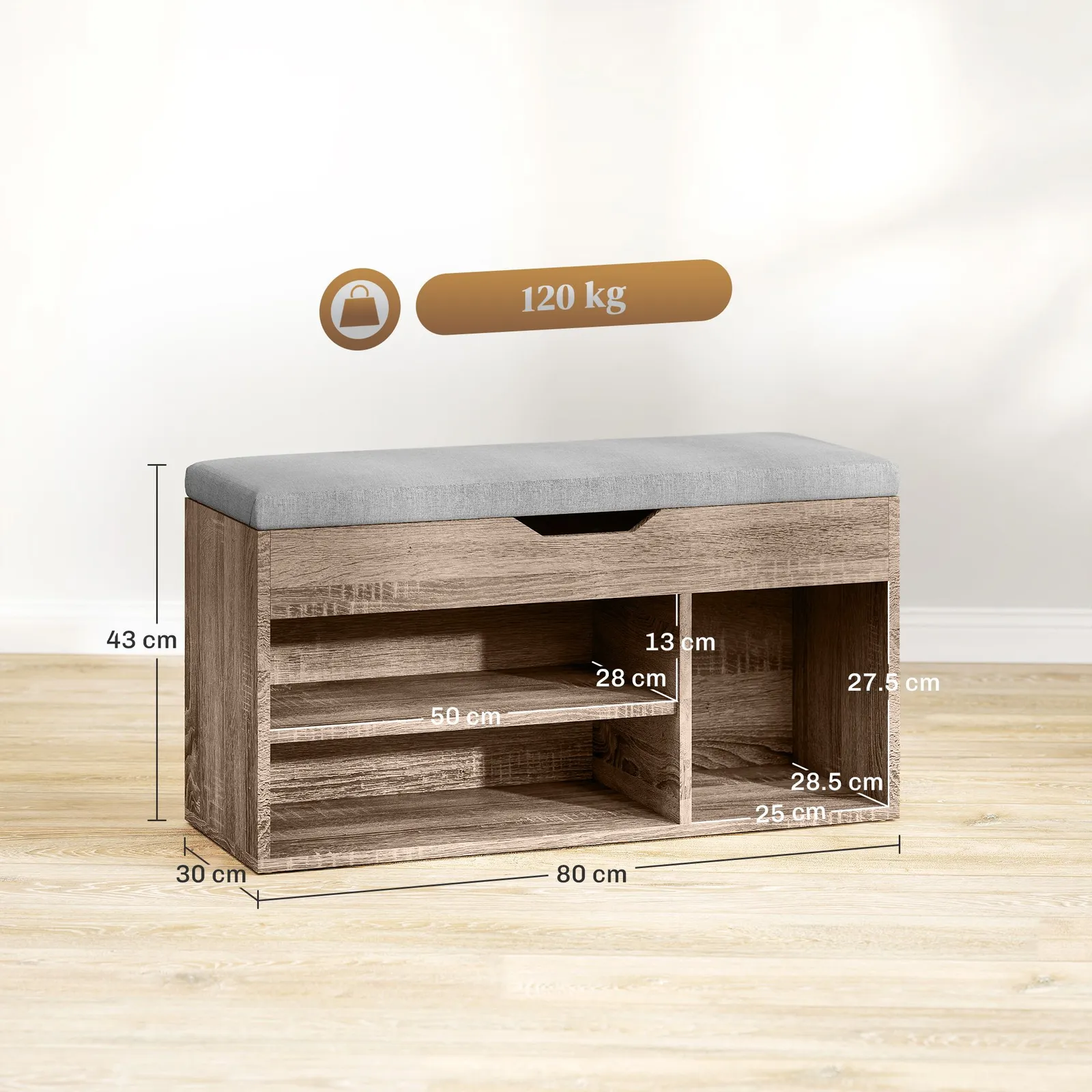 HOMCOM Sit-On Shoe Storage Unit w/ Hidden Compartment Handles in Grey 3