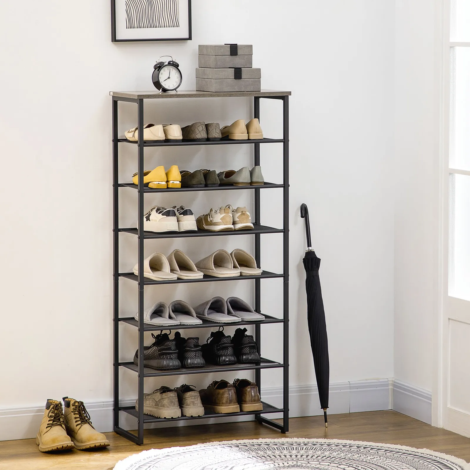 HOMCOM 8-Tier Metal Shoe Rack Storage Organiser with Mesh Shelves in Black