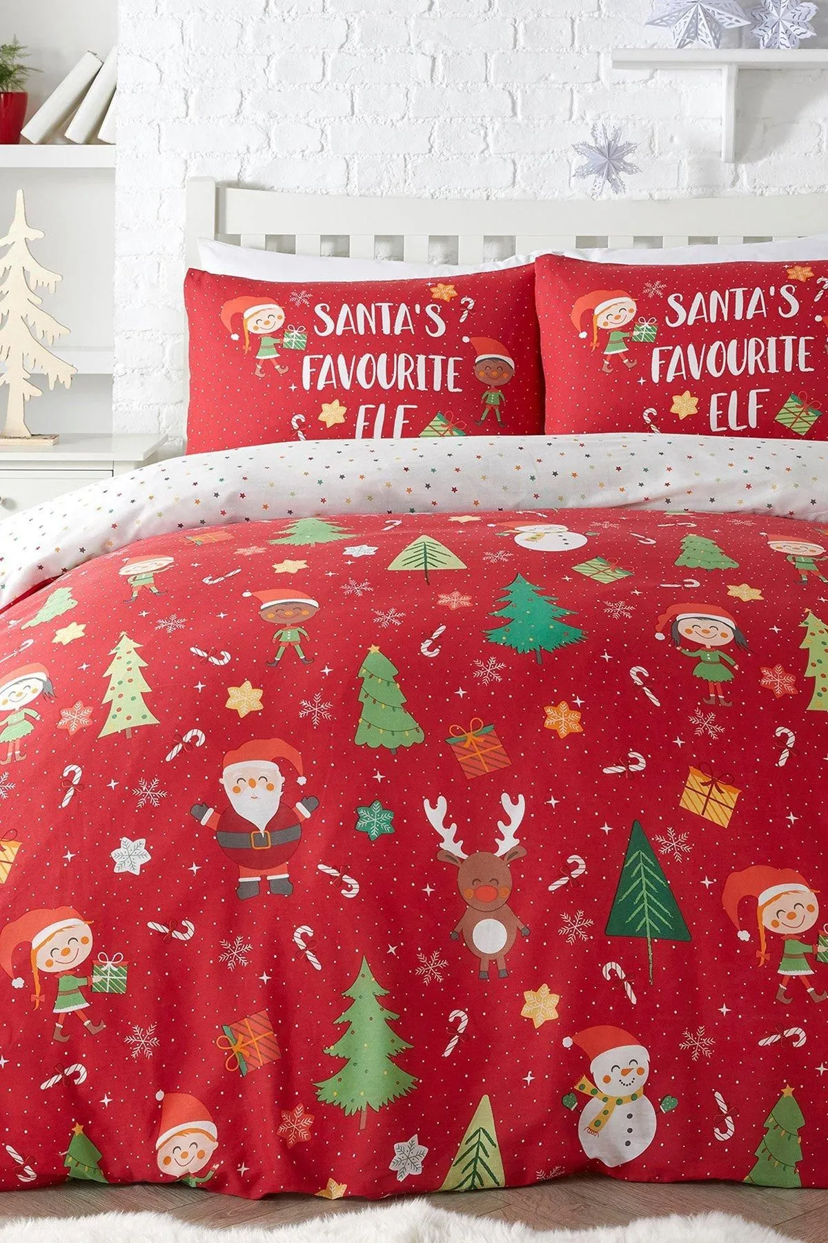 Bedlam 'Elf & Santa' Christmas Duvet Cover Set in Red