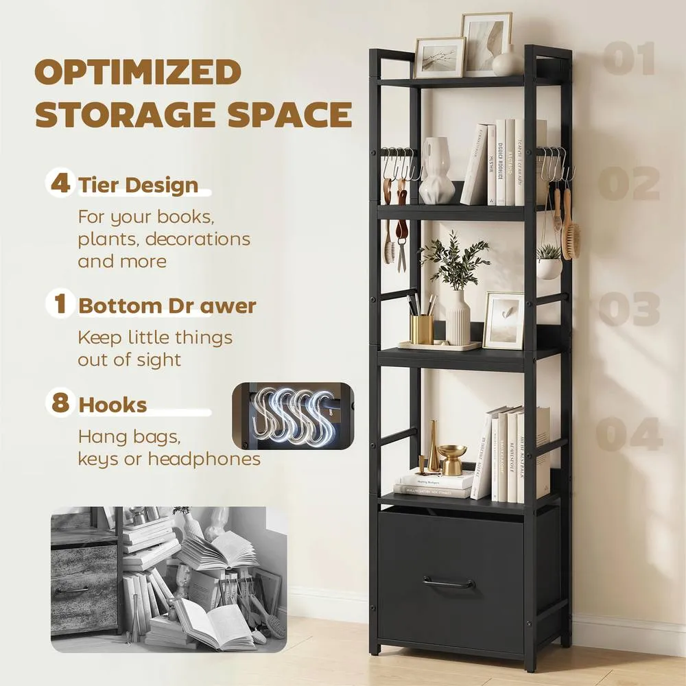 HOMCOM 4-Tier Bookshelf, Shelving Unit with Drawer, 8 Hooks in Black 4