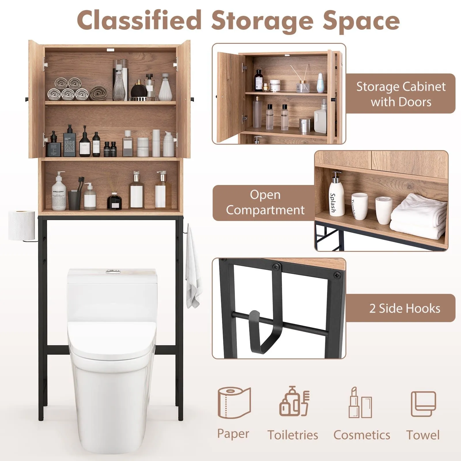 Costway Over The Toilet Storage Cabinet Free Standing Toilet Rack-Natural in Natural 2