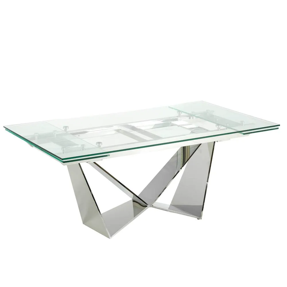 Angel Cerda Rectangular Extendable Dining Table, Tempered Glass, Chrome Legs in Silver 6