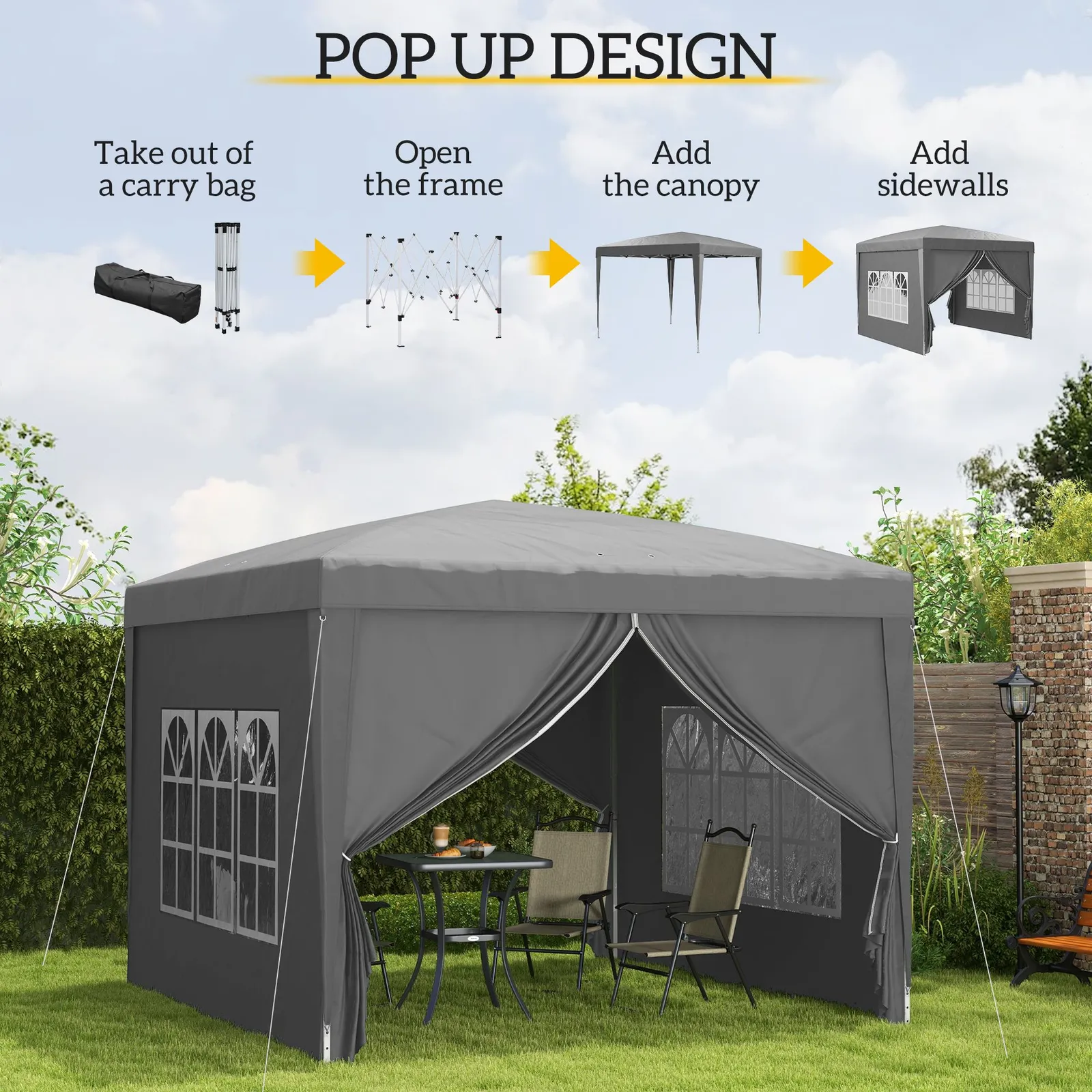 OUTSUNNY 3mx3m Pop Up Gazebo Party Tent Canopy Marquee with Storage Bag in Grey 4