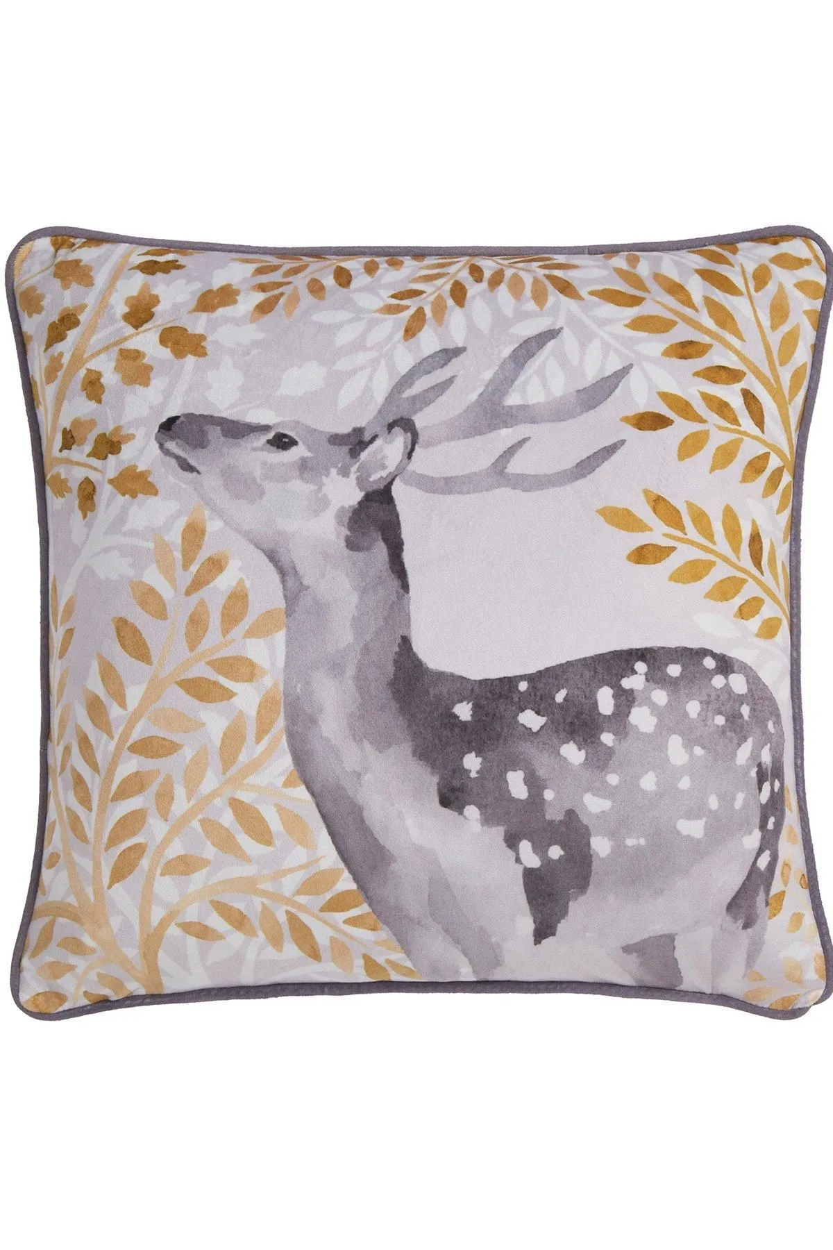 Dreams & Drapes 'Forest Animals' Deer Print Velvet Filled Cushion in Grey 2