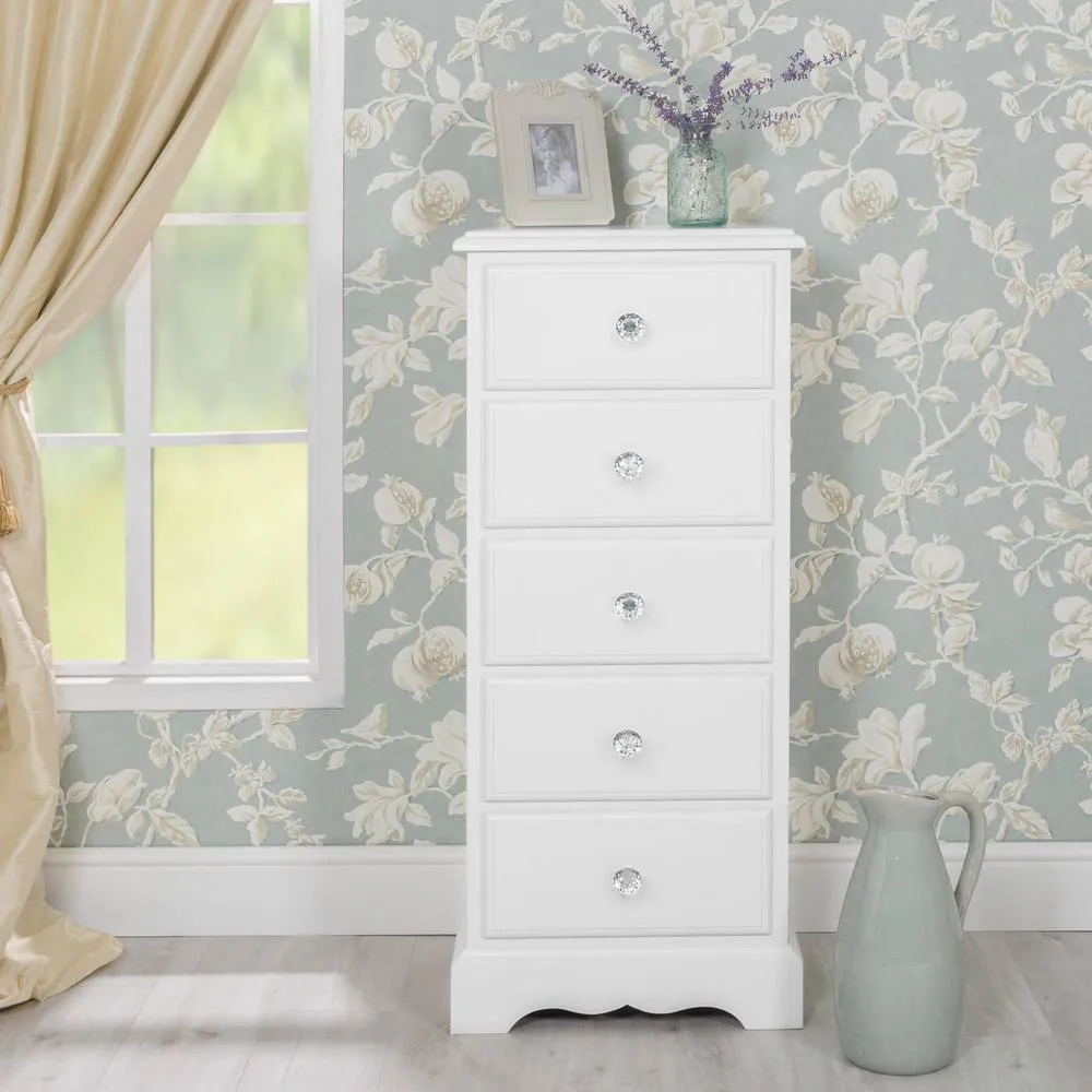 Statement Furniture Romance 5 Drawer Tallboy with Crystal Handles in Cool White