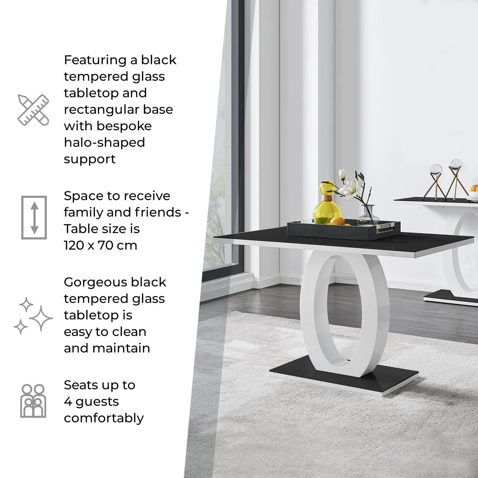 FurnitureboxUK Giovani 120cm 4-Seater Modern Rectangular High Gloss & Glass Dining Table in Black 6