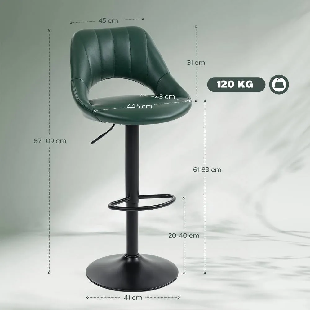 HOMCOM Barstools Set of 2, Dining Stools with Backrest & Footrest in Dark Green 3