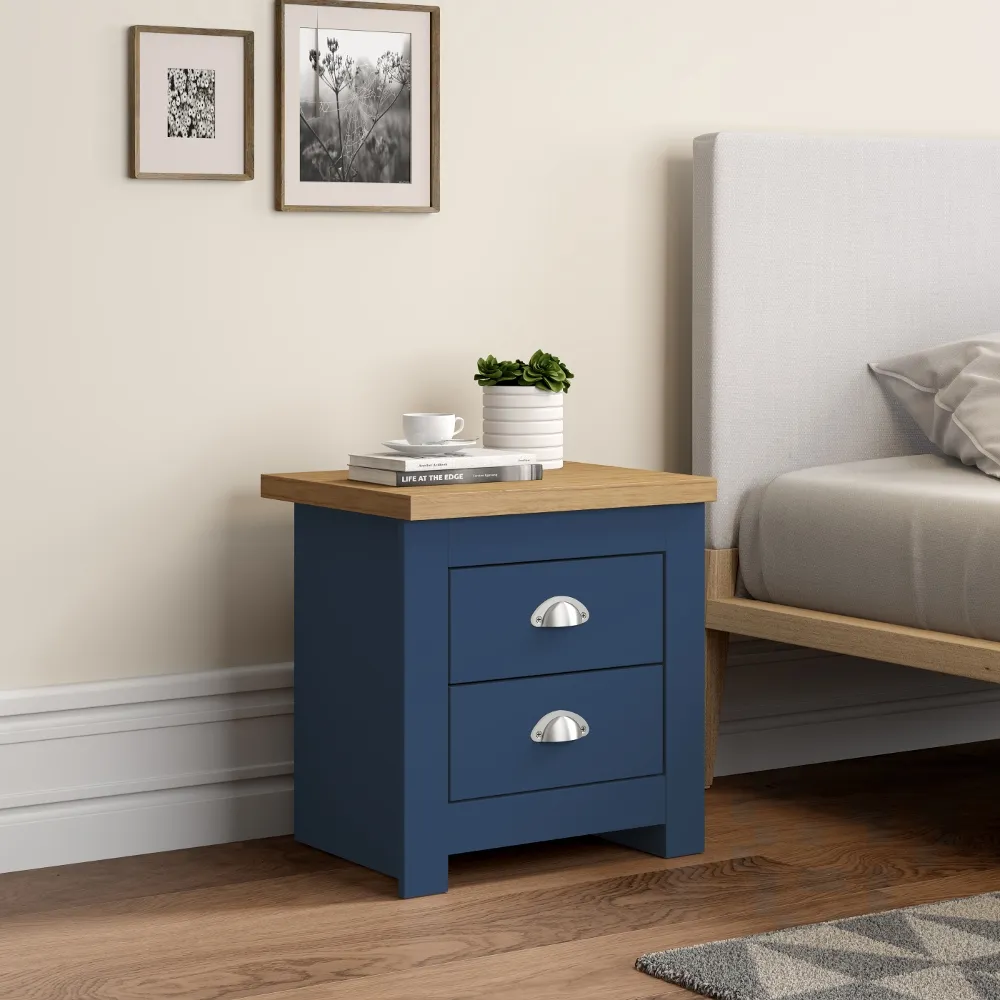 Winchester Navy Blue and Oak Wooden 2 Drawer Bedside Table