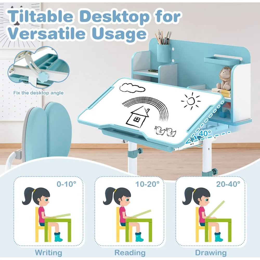 Costway Kid's Study Desk & Chair Set Adjustable Desk-Blue in Blue 4