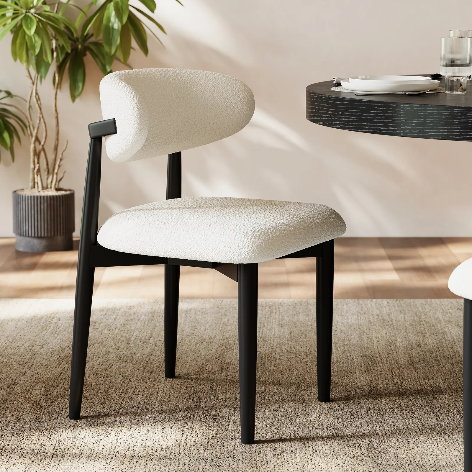 Modern Black Boucle Dining Chair with Rubber Wood Legs, 1 Piece