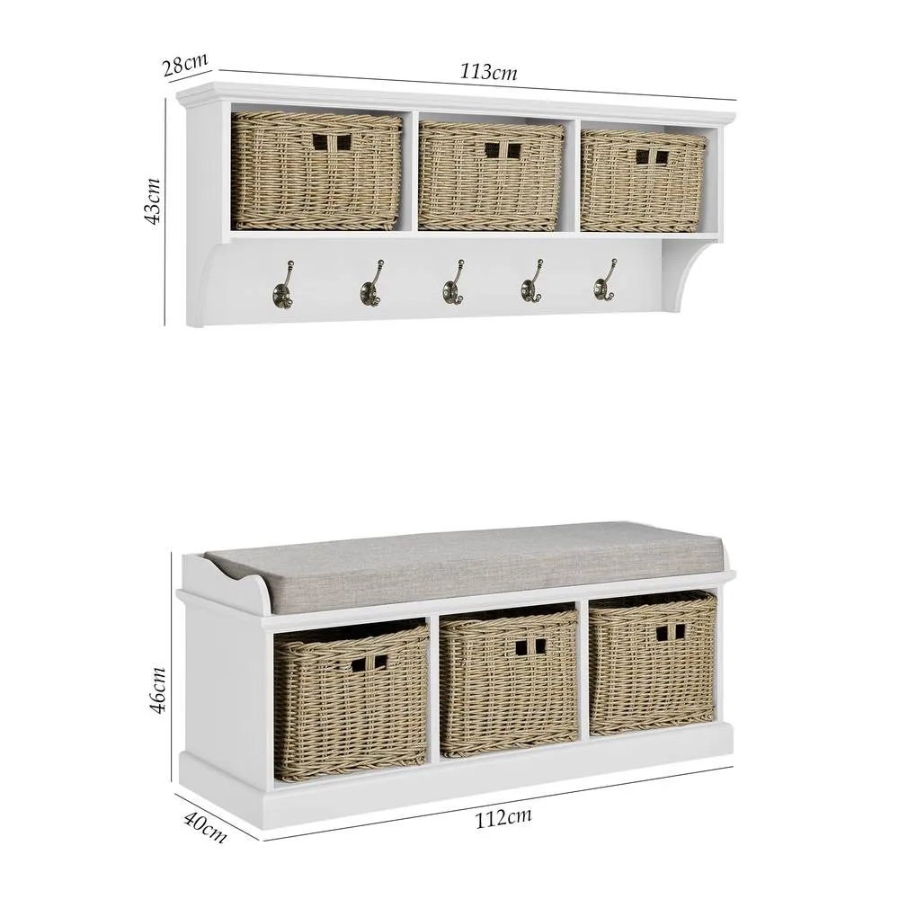 Statement Furniture Tetbury 3 Brown Faux Wicker Basket & Grey Cushion Hallway Set in White 3