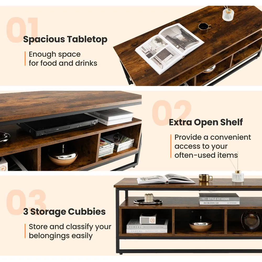 Costway Industrial Center Table with Open Shelf & 3 Storage Cubbies in Brown 4