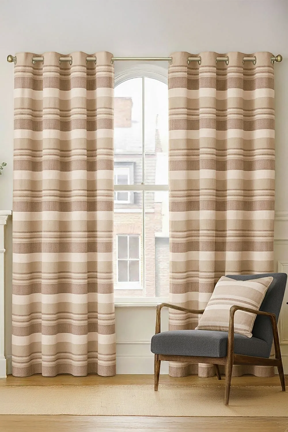 Homescapes Cotton Morocco Striped Curtain Pair in Beige 1