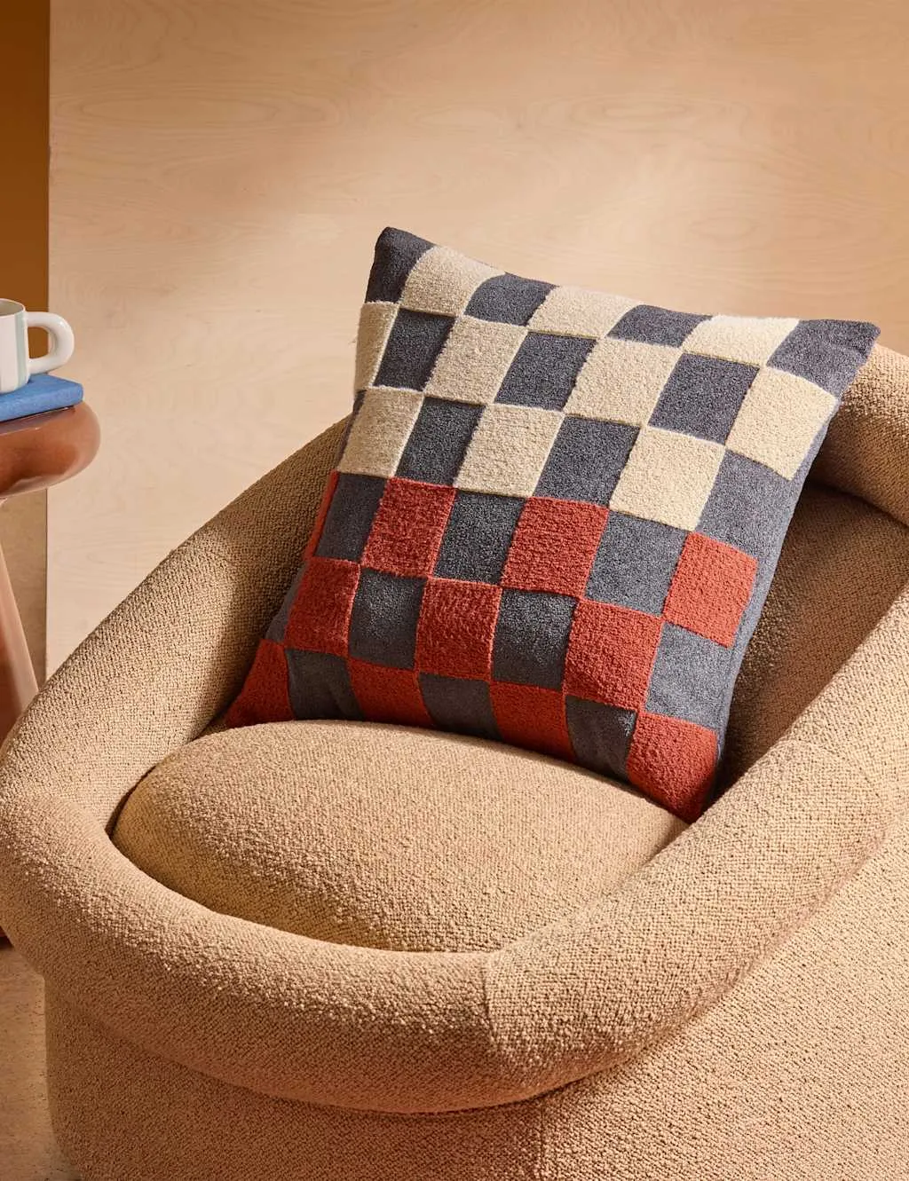 MADE Bouclé Checkerboard Cushion Cream Mix