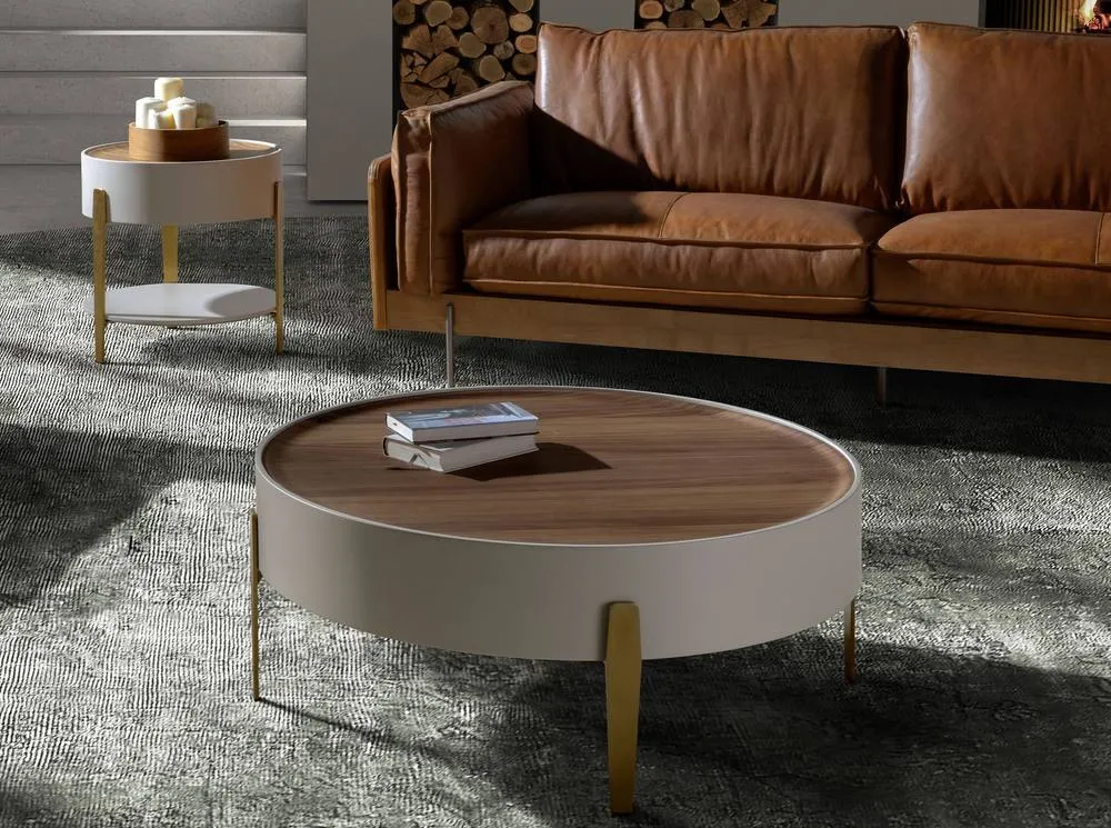 Angel Cerda Round Coffee Table Walnut Veneer Top, Beige MDF 3