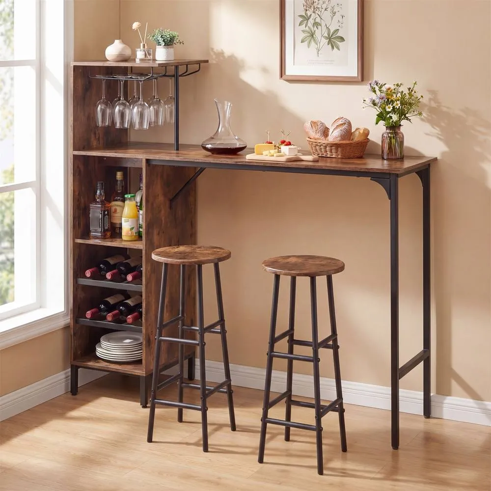 Costway 3PCS Bar Table & Chair Set Pub Table & Stools with Wine Glass Holders in Brown 3