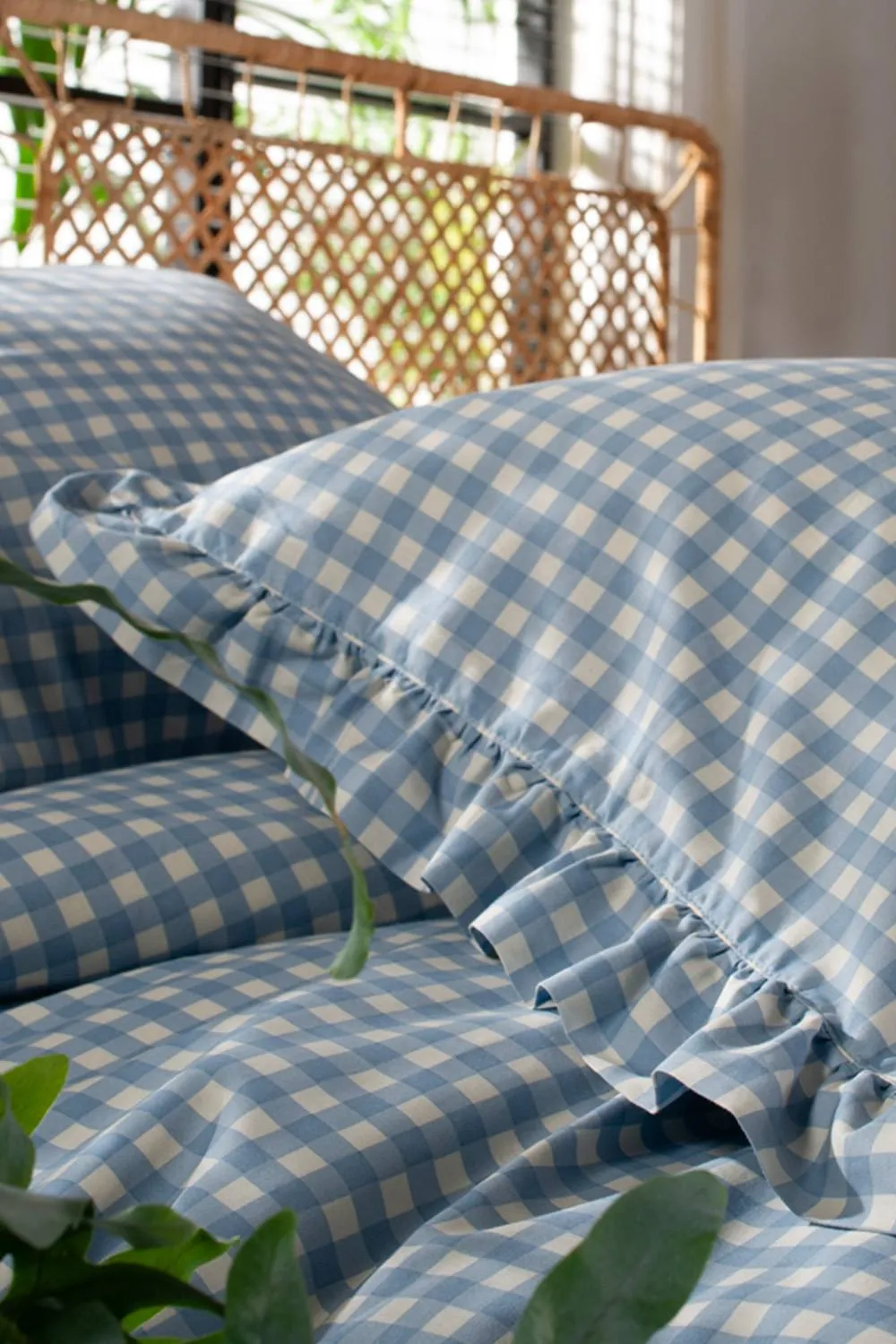 The Lyndon Company Gingham Frilled Cotton Duvet Set Printed with Frill Detailing in Blue 3