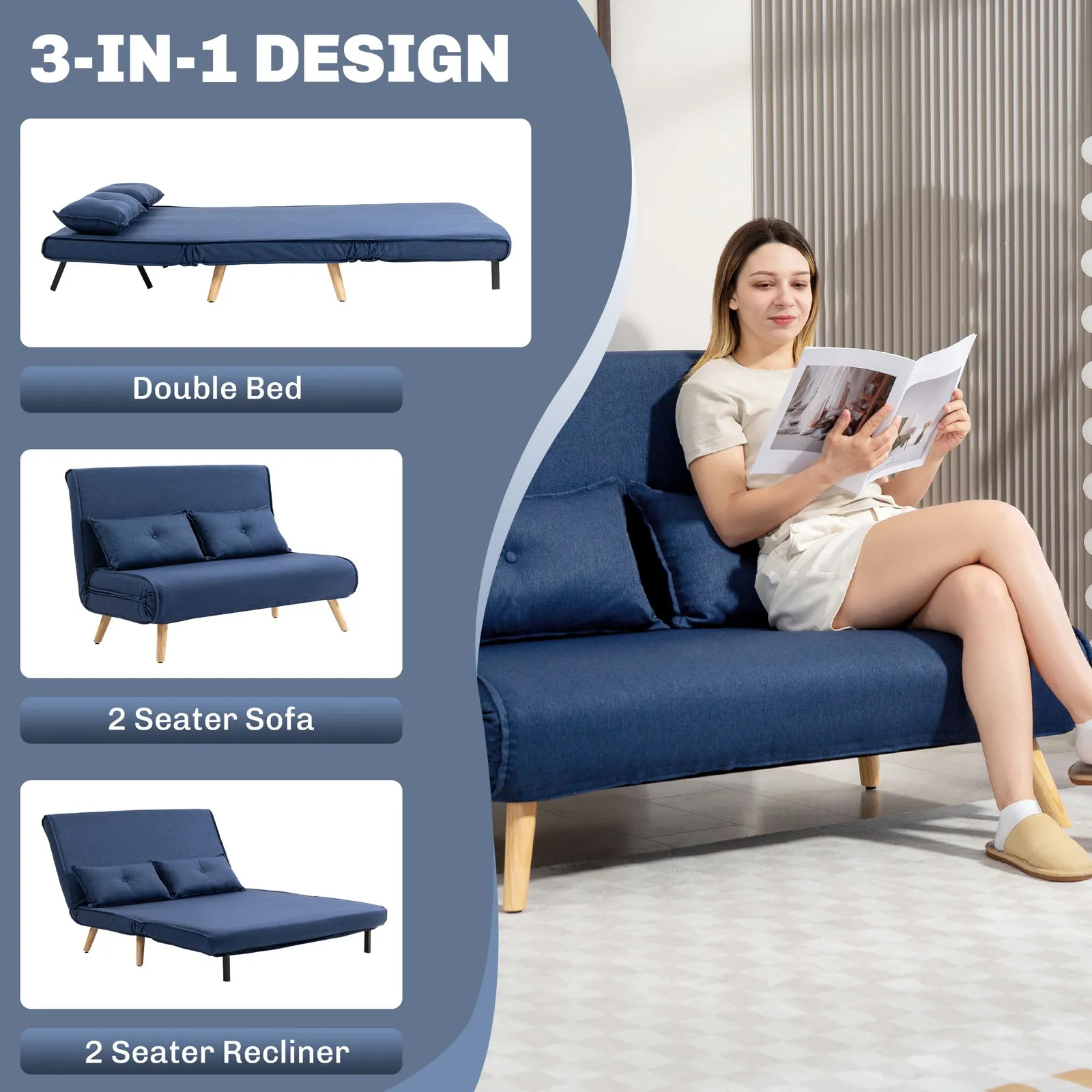 HOMCOM Click Clack Sofa Bed, 2 Seater Bed Settee for Living Room in Dark Blue 4
