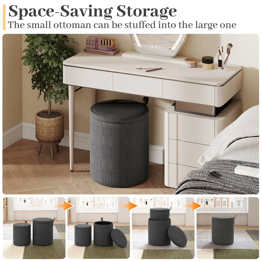 Costway 2PCS Modern Round Ottoman Upholstered Vanity Stools w/ Removable Lids in Grey 4