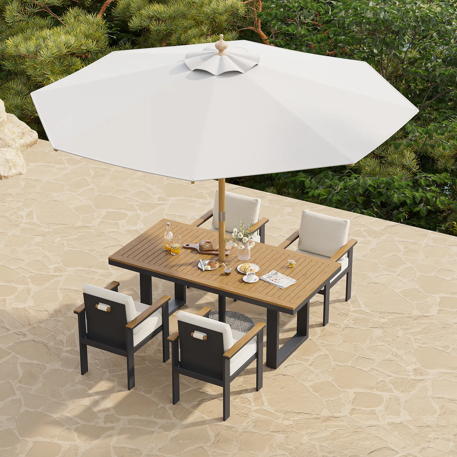 Tevara 6-Piece Rectangular Wood and Aluminium Outdoor Dining Set with Pillar Umbrella