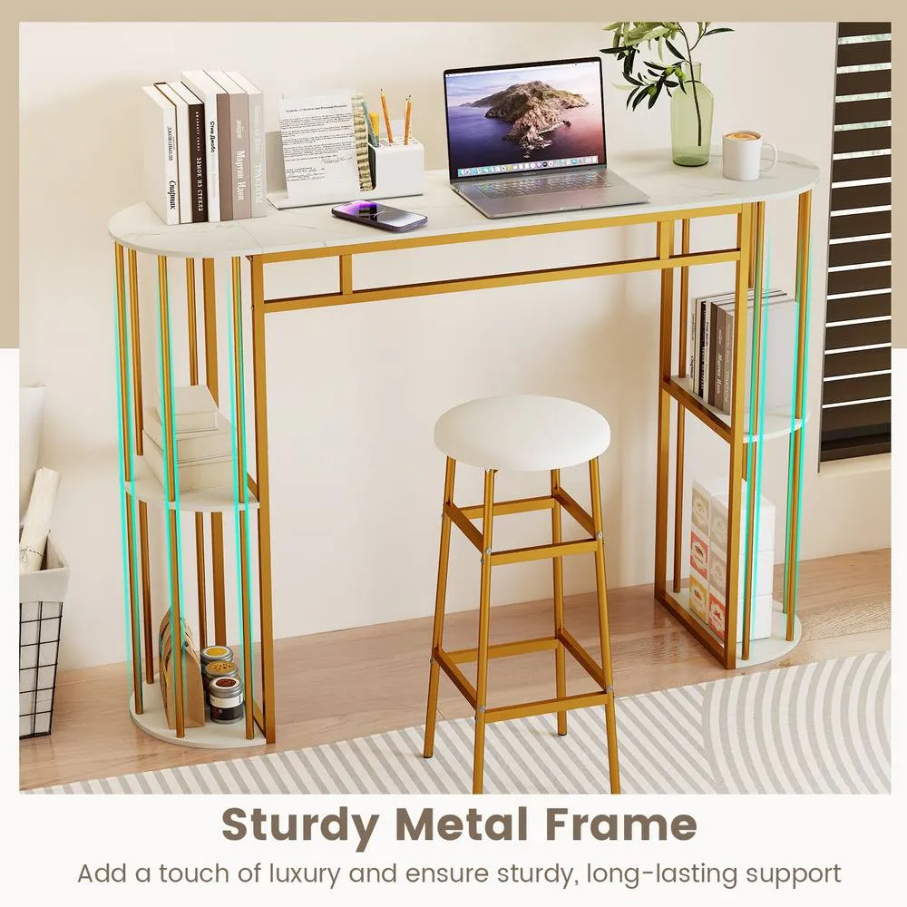Costway 150cm Bar Height Table Pub Table w/ Faux Marble Tabletop &Shelves in White 4