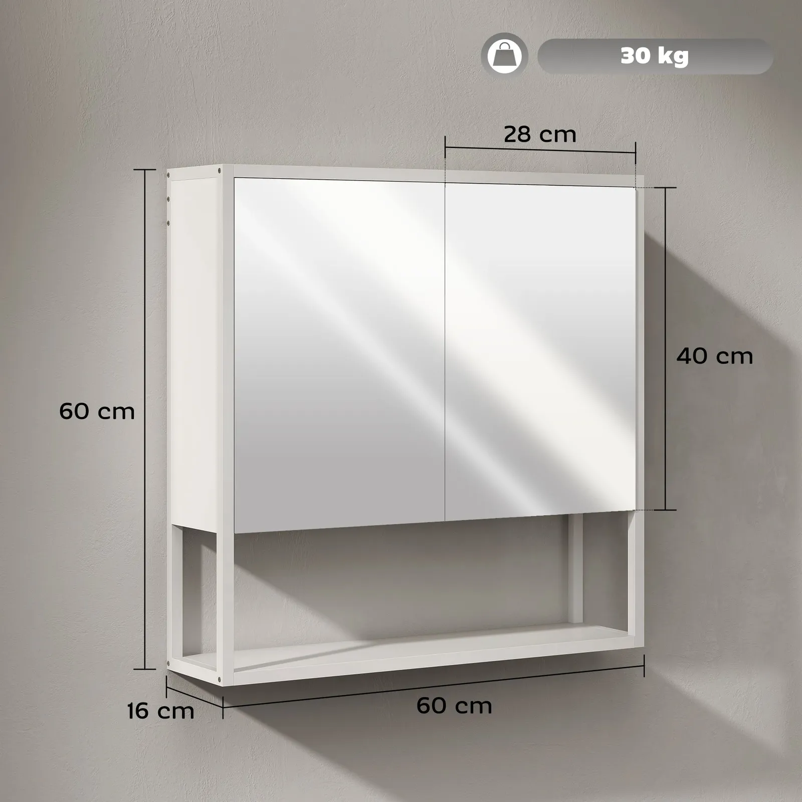 HOMCOM Industrial Bathroom Cabinet with 2 Mirrored Doors Open Shelf, White 3