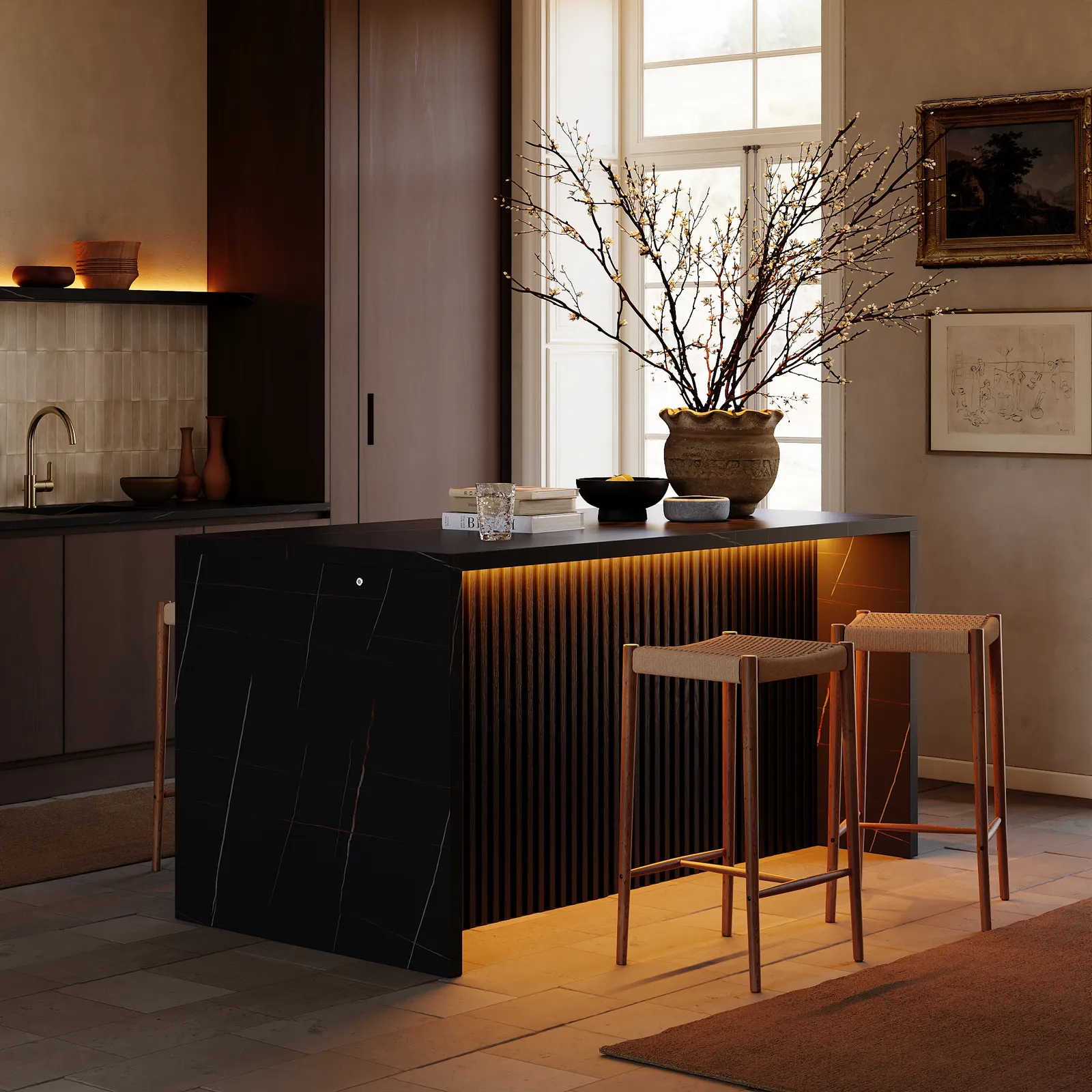 1800mm  Modern Waterfall Kitchen lsland with Light & Storage