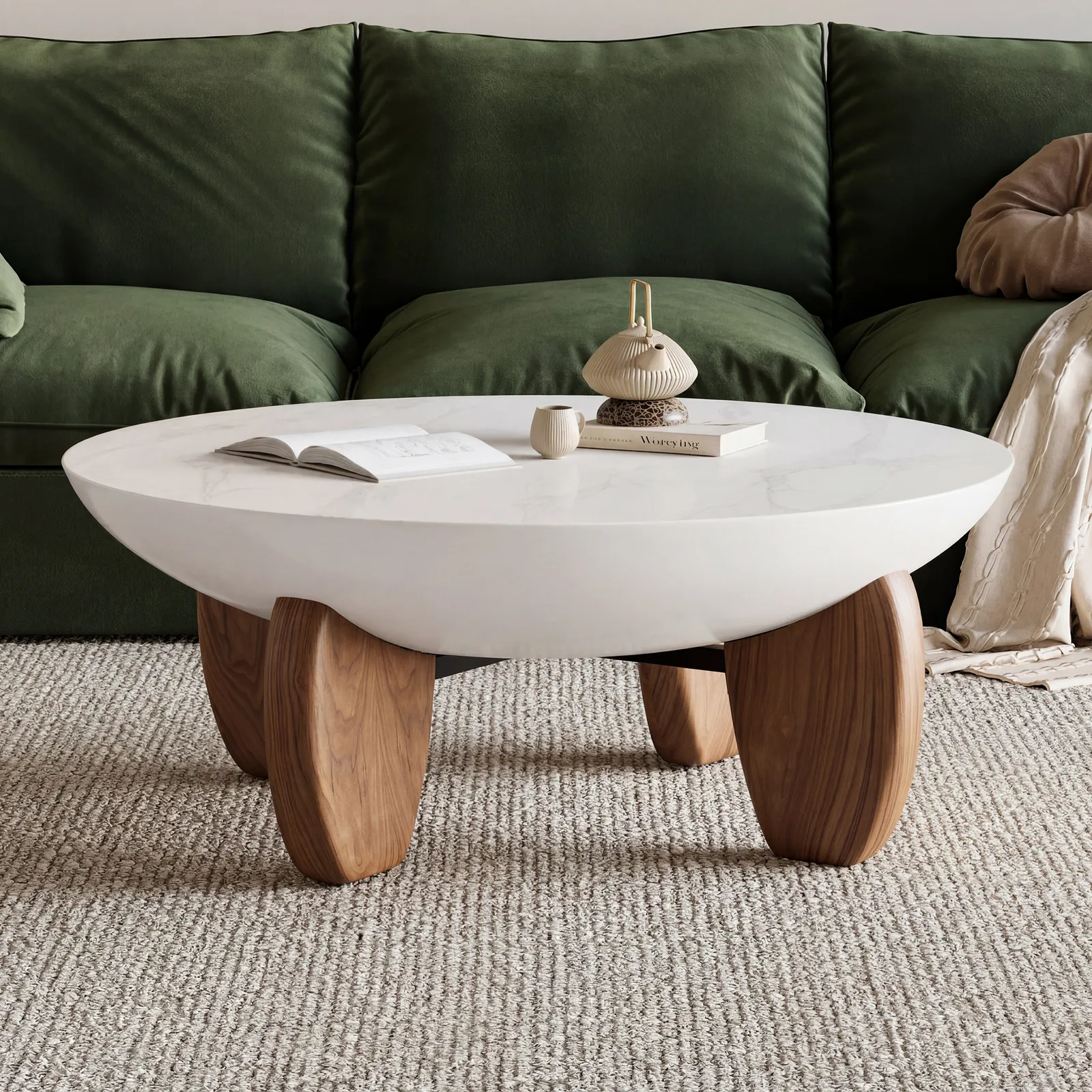 Curva Round Concrete Walnut Coffee Table with Wood Legs