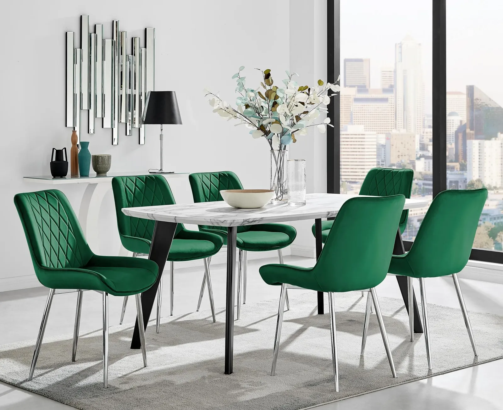 FurnitureboxUK Andria Marble Effect Dining Table With Black Legs & 6 Pesaro Velvet Silver Leg Chairs in Green 1