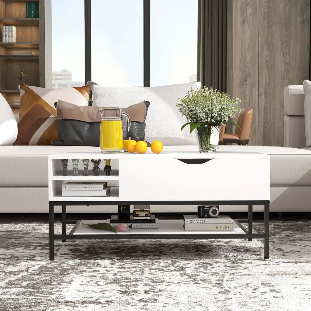 Costway Lift Top Coffee Table Living Room Table w/ Storage Shelf-White in White 4