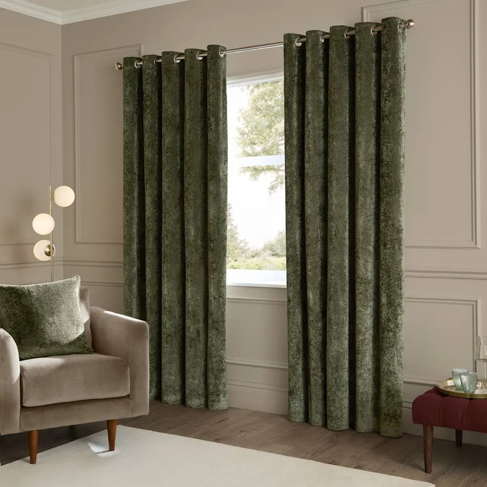 Paoletti Lustre Velvet Fully Lined Eyelet Curtain Pair in Green 2