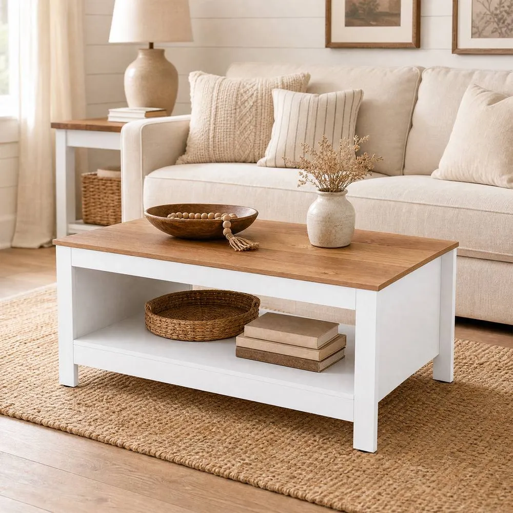 Costway 2 Tier Coffee Table Natural & White Center Table for Living Room 6