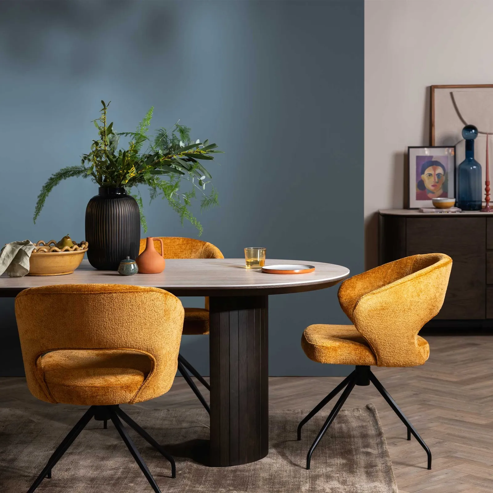 Pure Furniture Cagney Swivel Curved Leg Dining Chair, Gold Fabric | Barker & Stonehouse 2