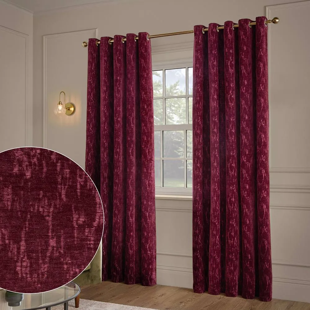 Paoletti Aurelio Chenille Fully Lined Eyelet Curtain Pair in Burgundy 1