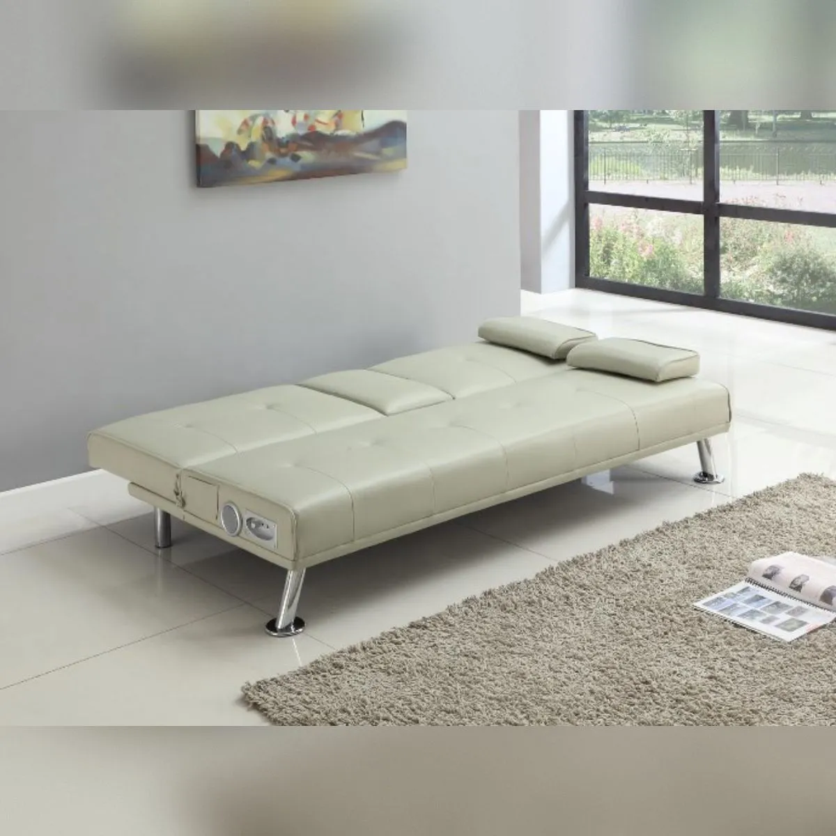 Comfy Living Ltd Faux Leather Italian Style Luxury Sofa Bed with Bluetooth Speakers in Cream 3