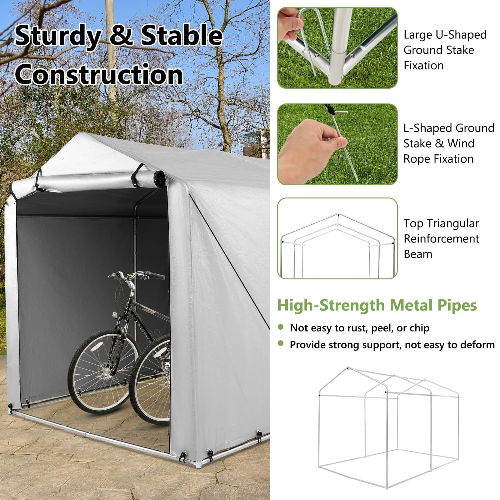 Costway Outdoor Storage Shed 160 x 218 x 164 cm Portable Garage Shelter Bikes in Grey 4