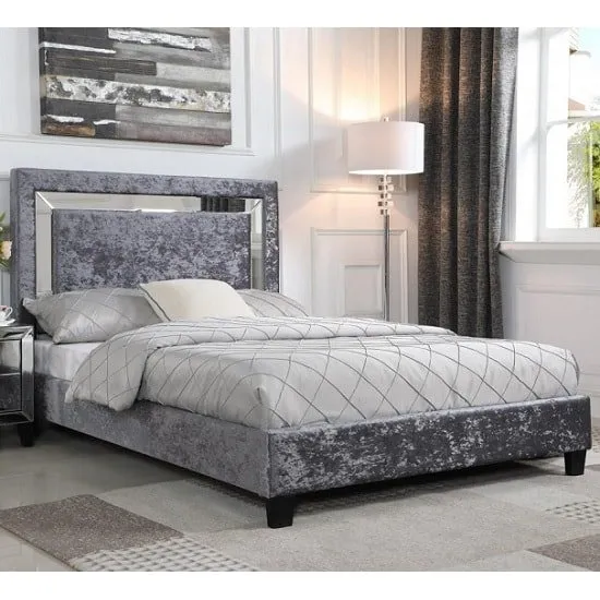 Valdina Double Bed In Crushed Velvet Silver With Mirror Edge Hea
