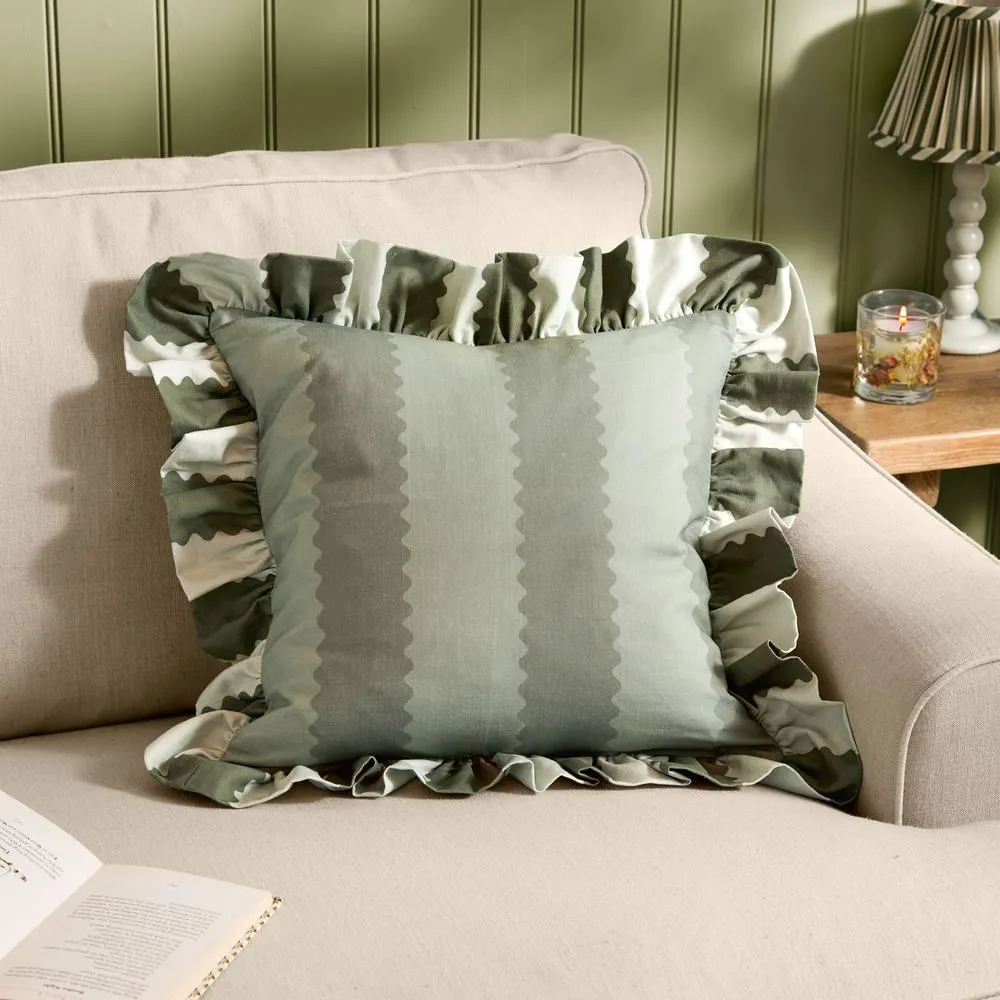Wylder Birdie Stripe 100% Cotton Ruffle Cushion in Green 1