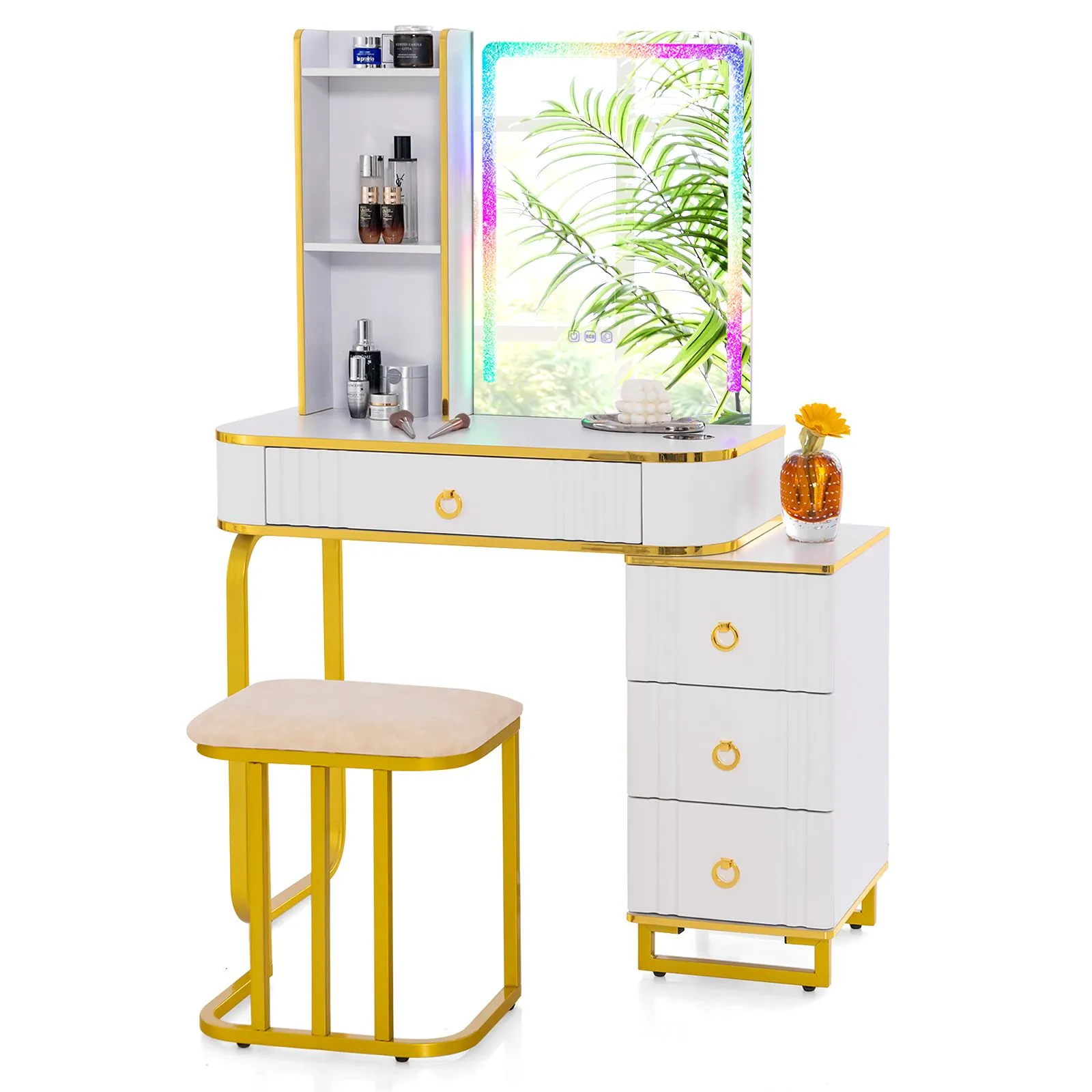 Costway RGB Vanity Table Set Bedroom Dressing Table w/ Mirror & Lights in White 1