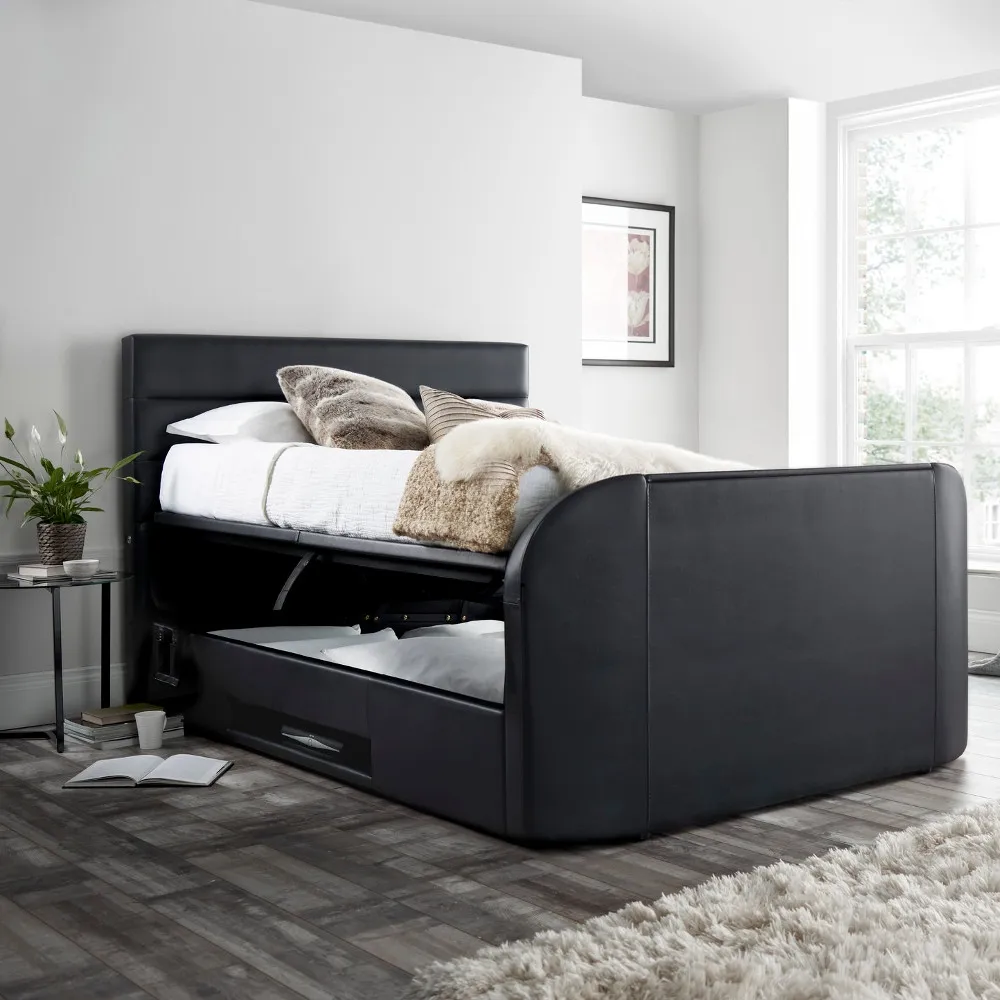 Annecy Black Leather Ottoman Media Electric TV Bed Frame - 5ft King Size