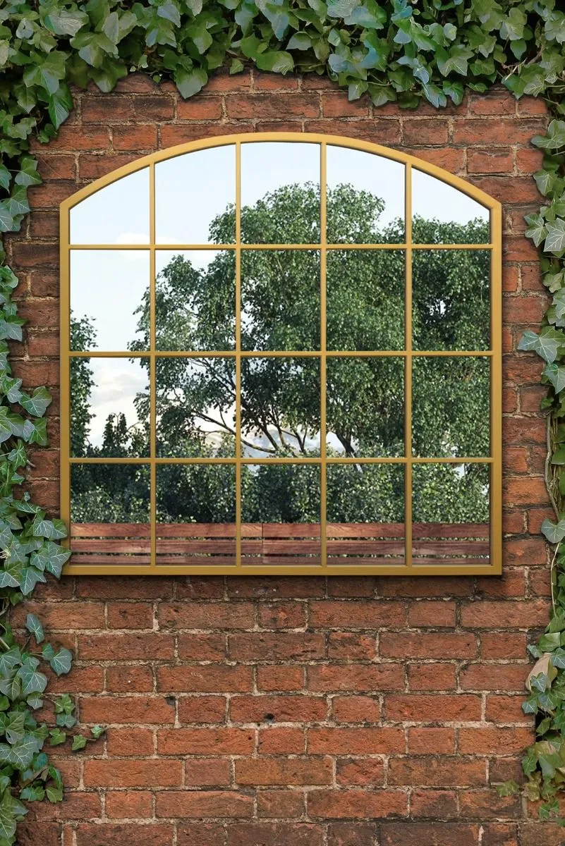 MirrorOutlet Gold Framed Arched Window Garden Mirror 39"x39" 100x100CM