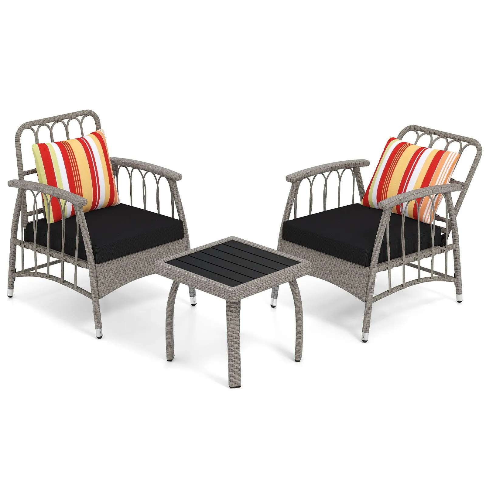 Costway 3 PCS Patio PE Wicker Furniture Set Garden Coffee Table & Armchairs in Grey 2